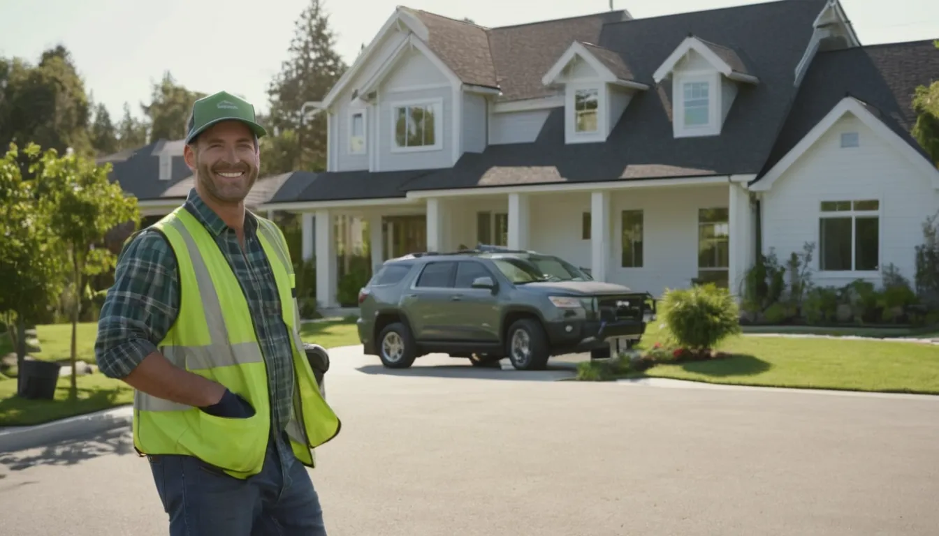 A friendly provider talking with a homeowner next to a septic pumping truck in Beavercreek